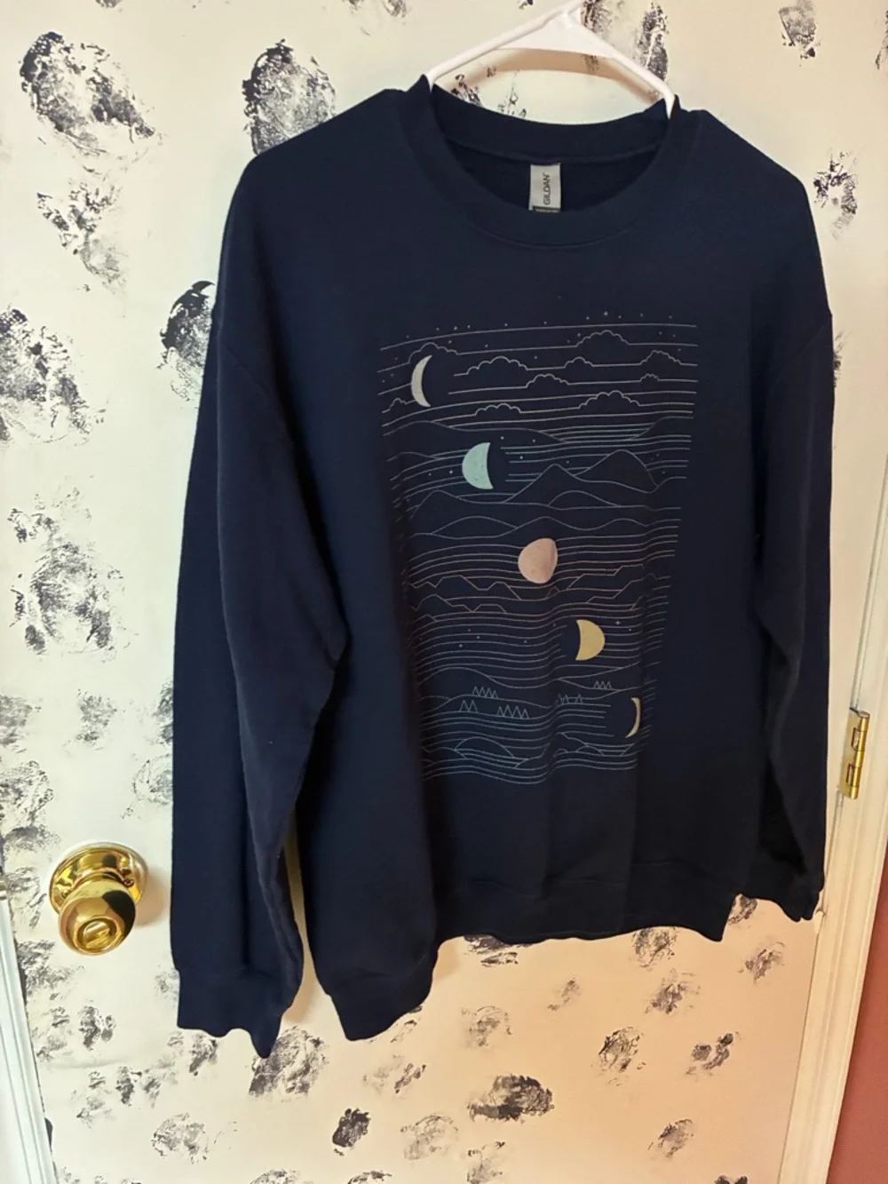 Gildan Navy Crewneck Sweatshirt with Pastel Moon Graphic - Picture 2 of 3